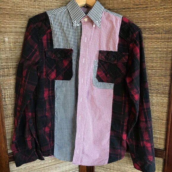 Upcycled Mixed Print Oversized Shirt, S to M: Red Black Gingham, Plaid Flannel - Picture 8 of 11